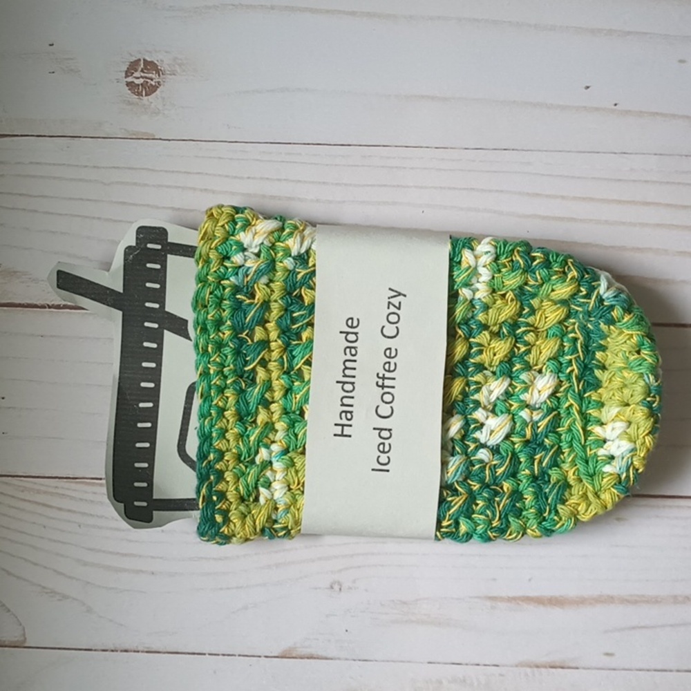 Handmade crocheted iced coffee cozy